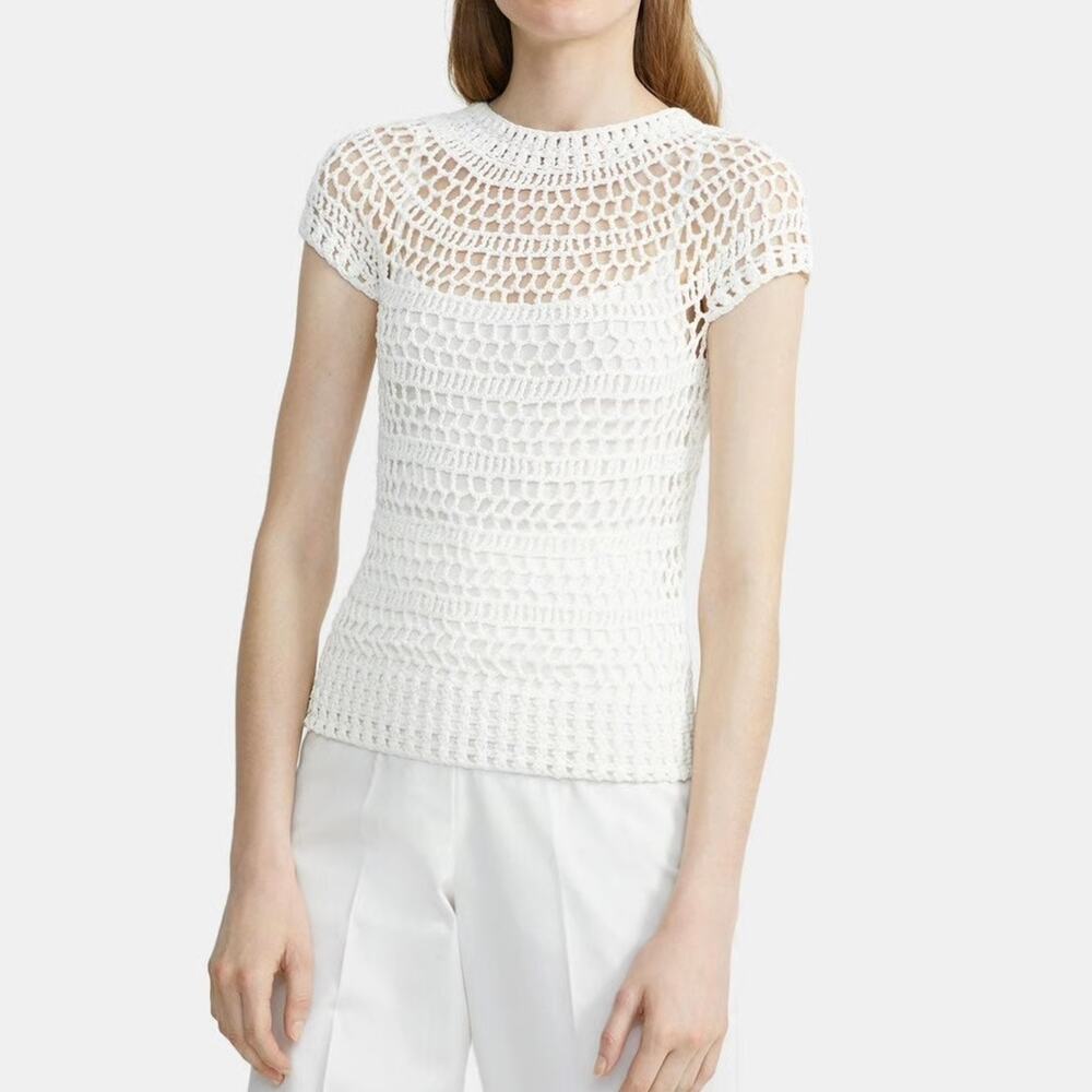 Theory Ivory Crochet T-Shirt Top P Short Sleeve Layered Knit Minimalist‎ Tee
